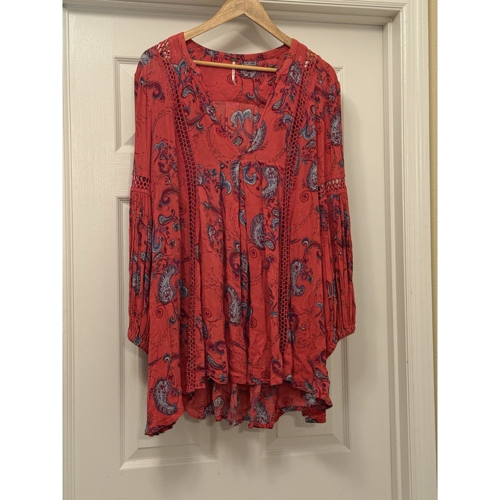 Free People Dress Women Medium Red Paisley Crochet Lace Peasant Sleeve